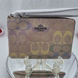 Coach Zip Wristlet Rainbow Pastel Colored Signature Canvas